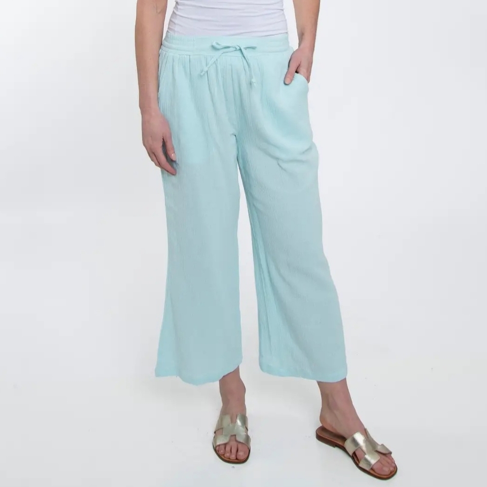 NWT Cotton Gauze Wide Leg Cropped Drawstring Pants in Ocean Mist Blue